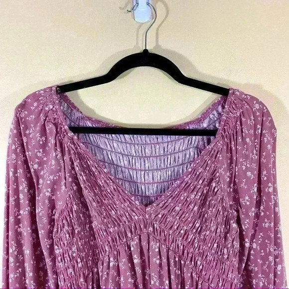 LA Hearts Blush Floral Rayon Smock Balloon Cropped Peasant Boho Ruffle Top - Picture 3 of 14